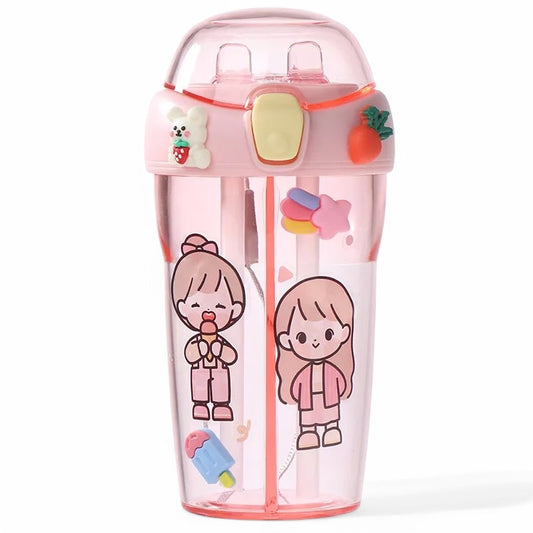 Shishe plastike për fëmijë me dy pipeta, 430ml, pink