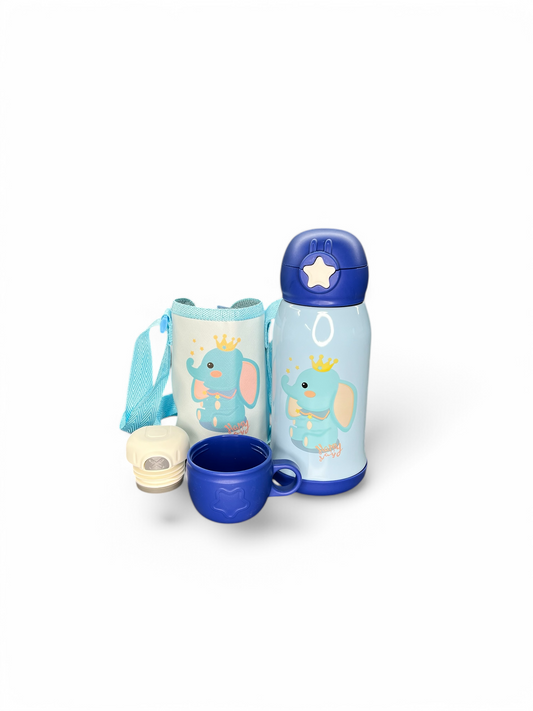 Shishe uji termike 600ml për fëmijë me elephant, përfshin kapak shtesë dhe mbajtëse gote.