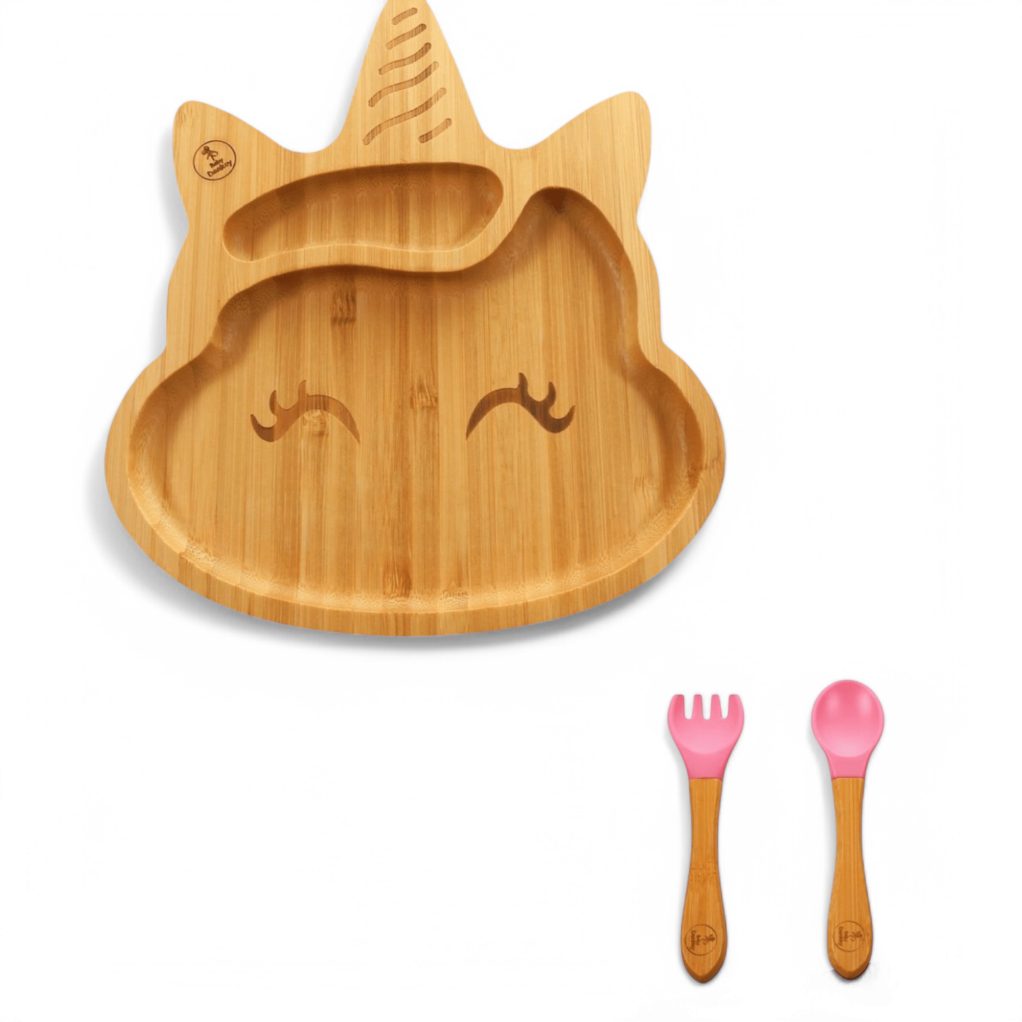 Set Pjatë Bambuje për Fëmijë me Kupë Ngjitëse, Unicorn dhe Lugë-Dagë Pink