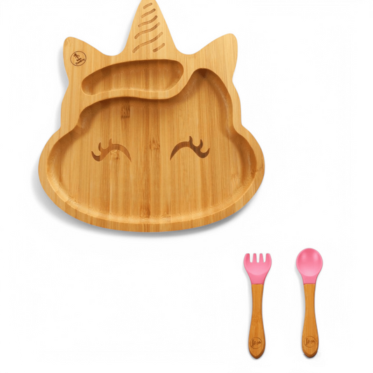 Set Pjatë Bambuje për Fëmijë me Kupë Ngjitëse, Unicorn dhe Lugë-Dagë Pink