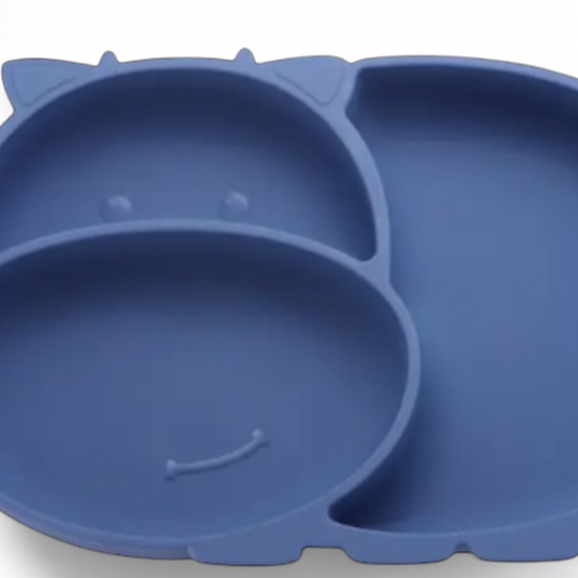 Pjatë silikoni për fëmijë në formë hippo me kupë ngjitëse. Blue