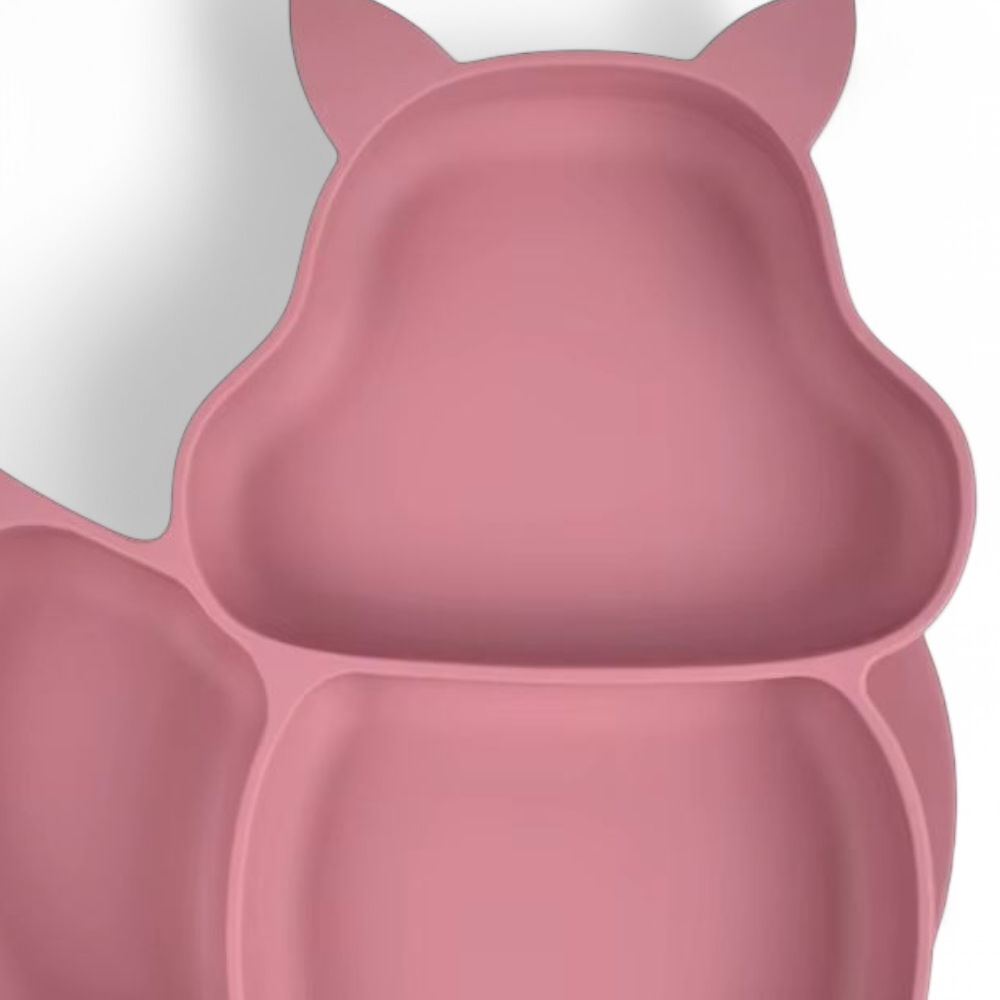 Pjatë silikoni për fëmijë në formë fox me kupë ngjitëse. Dusty pink