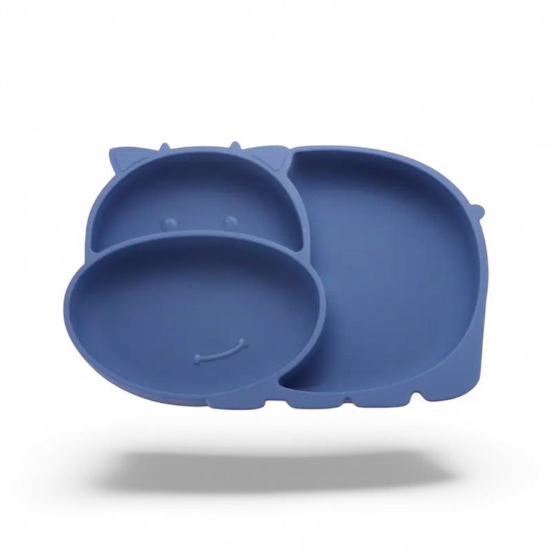Pjatë silikoni për fëmijë në formë hippo me kupë ngjitëse. Blue
