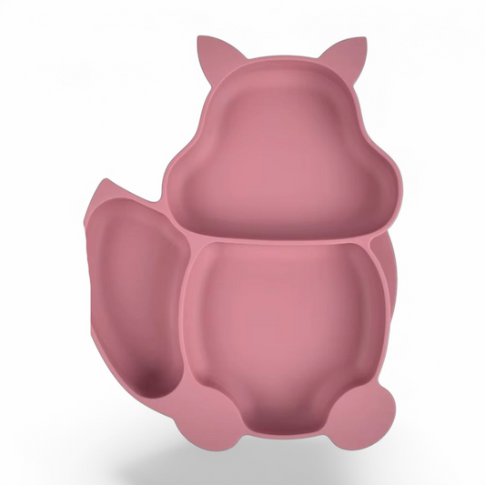 Pjatë silikoni për fëmijë në formë fox me kupë ngjitëse. Dusty pink