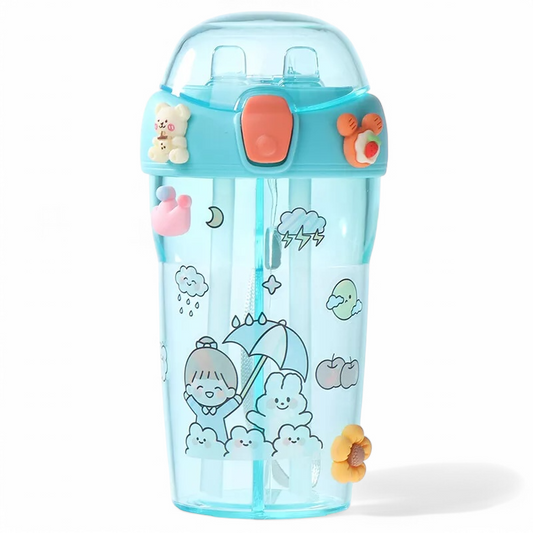 Shishe plastike për fëmijë me dy pipeta, 430ml, blue