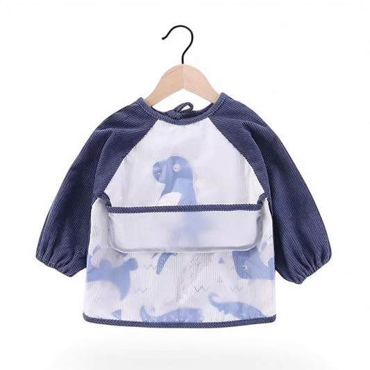Bib i papërshkueshëm nga uji me mëngë pambuku dhe xhep me sumboll blue dinosaur