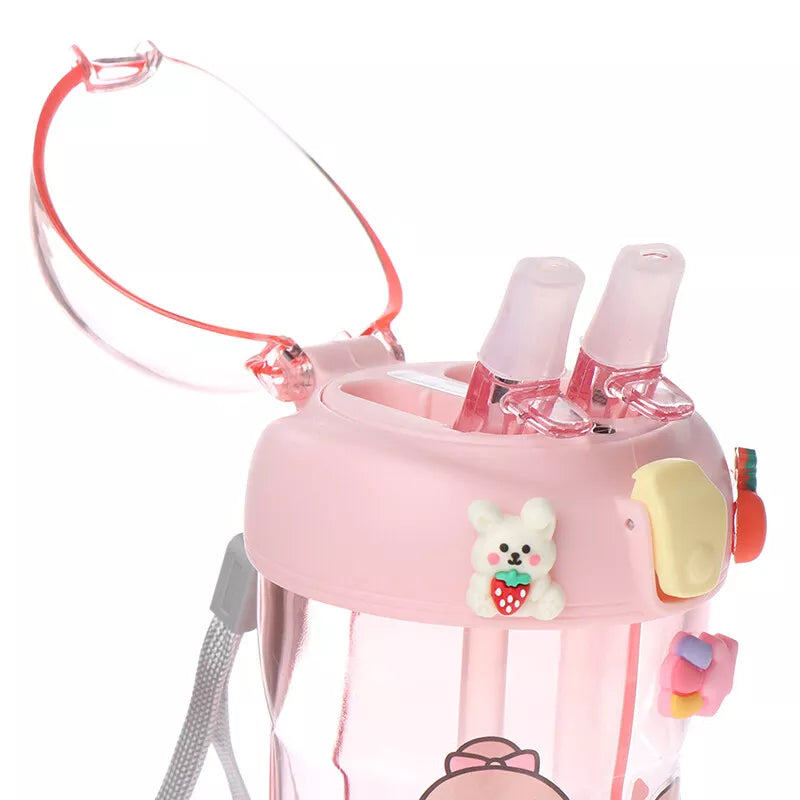 Shishe plastike për fëmijë me dy pipeta, 430ml, pink