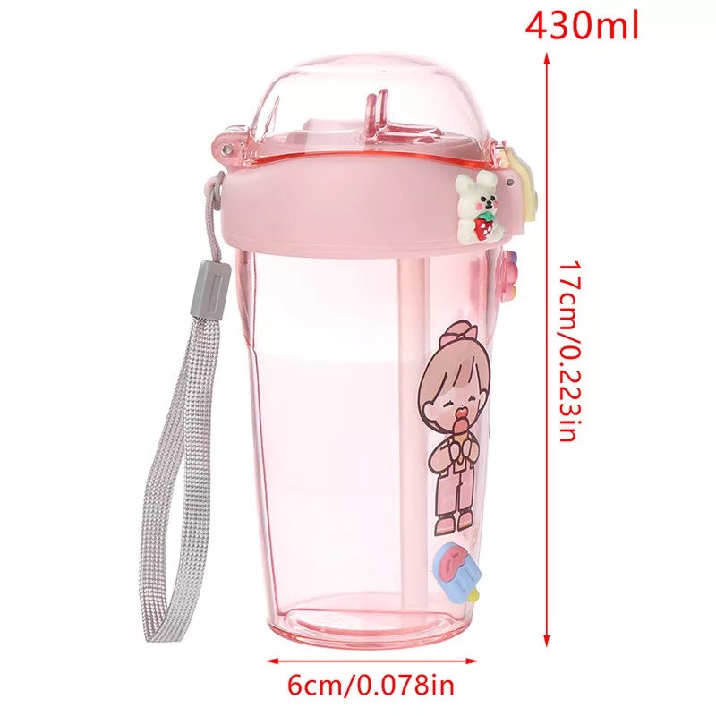 Shishe plastike për fëmijë me dy pipeta, 430ml, pink