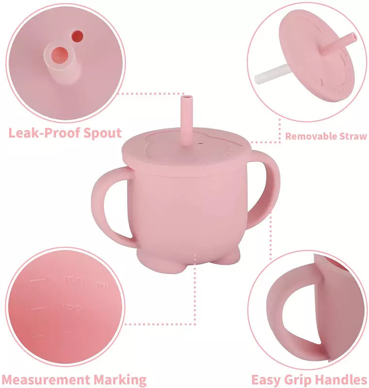 Kupë Silikoni për Fëmijë me Shtrydhës (160ml) dhe Kontejner Snack 2 në 1. Pink